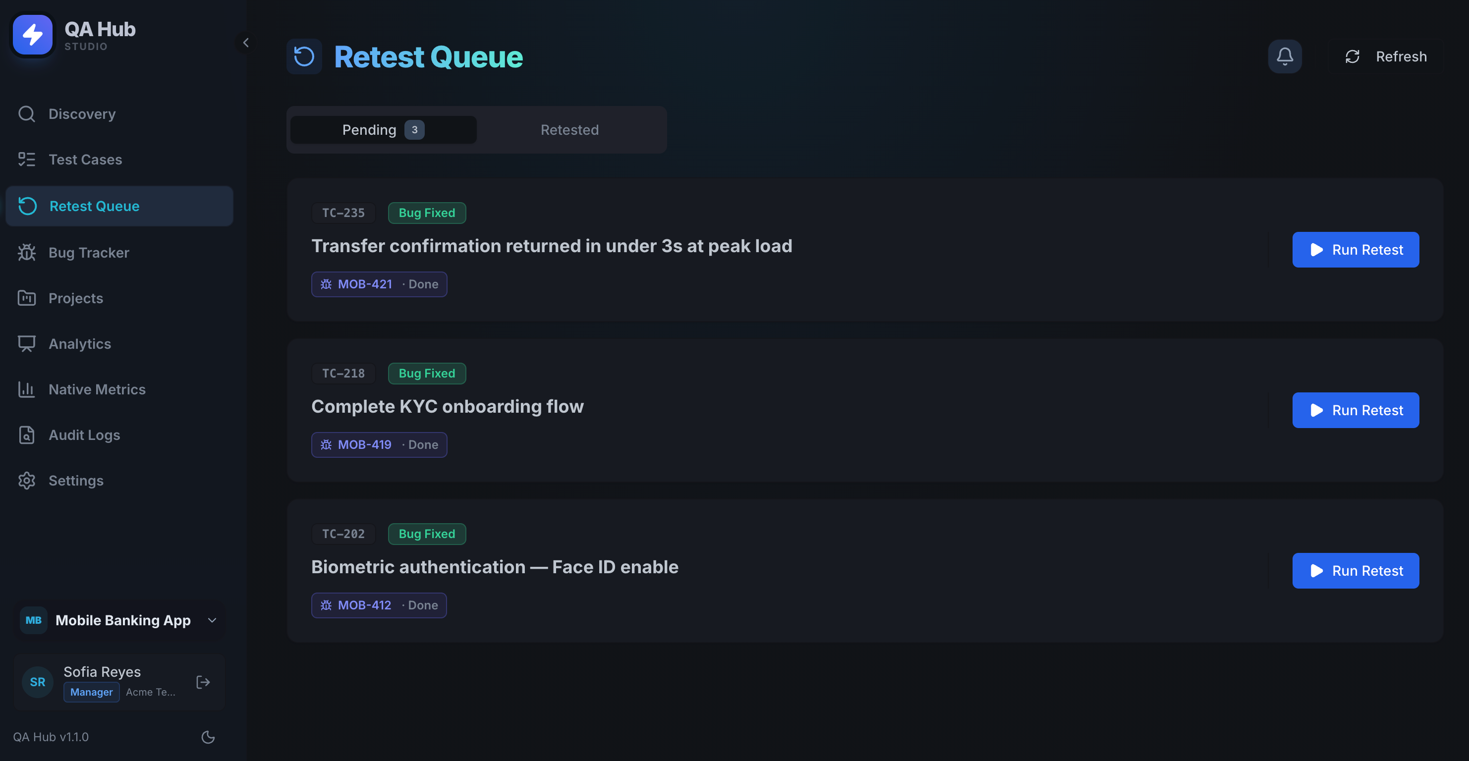 Retest Queue showing bug-fixed cases ready to retest