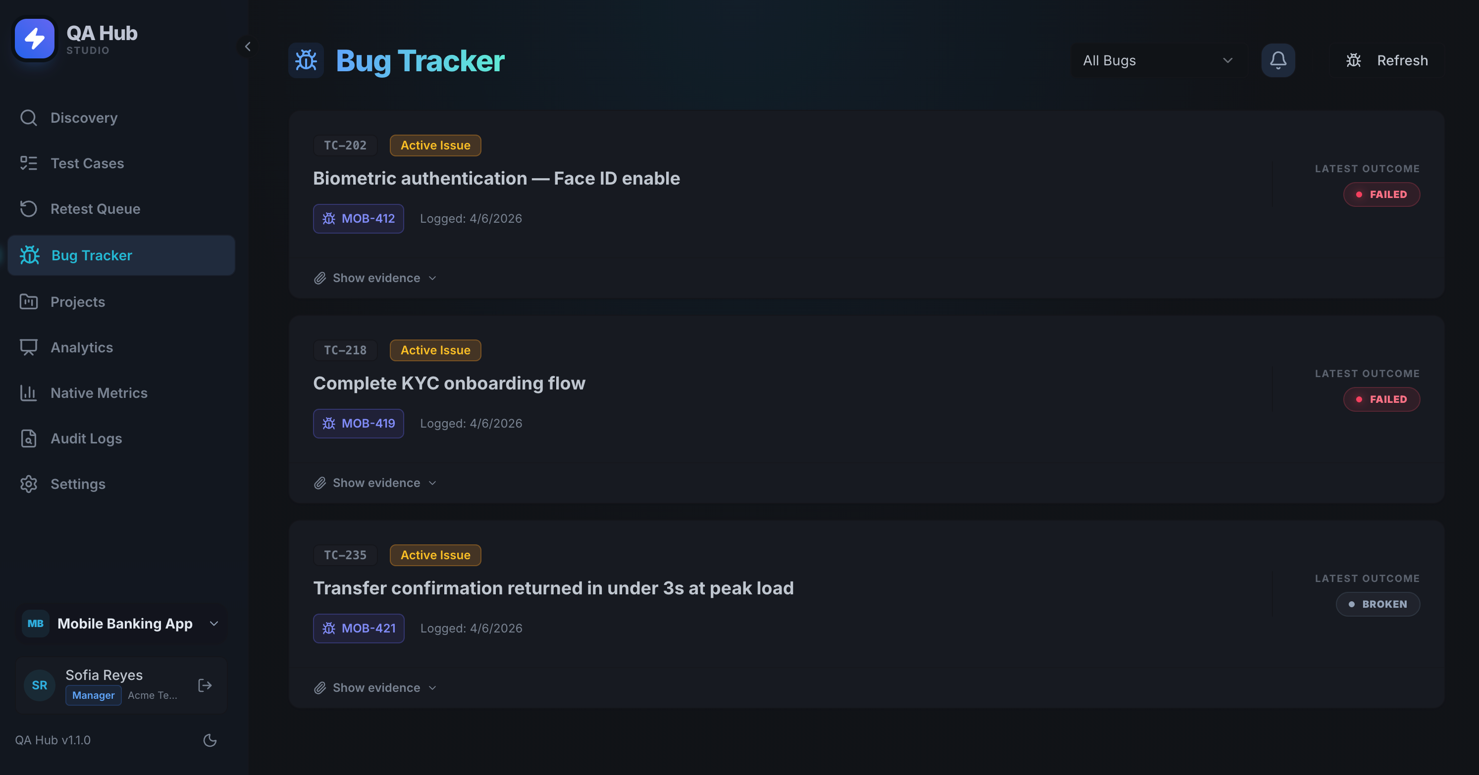 Bug Tracker with test run outcomes
